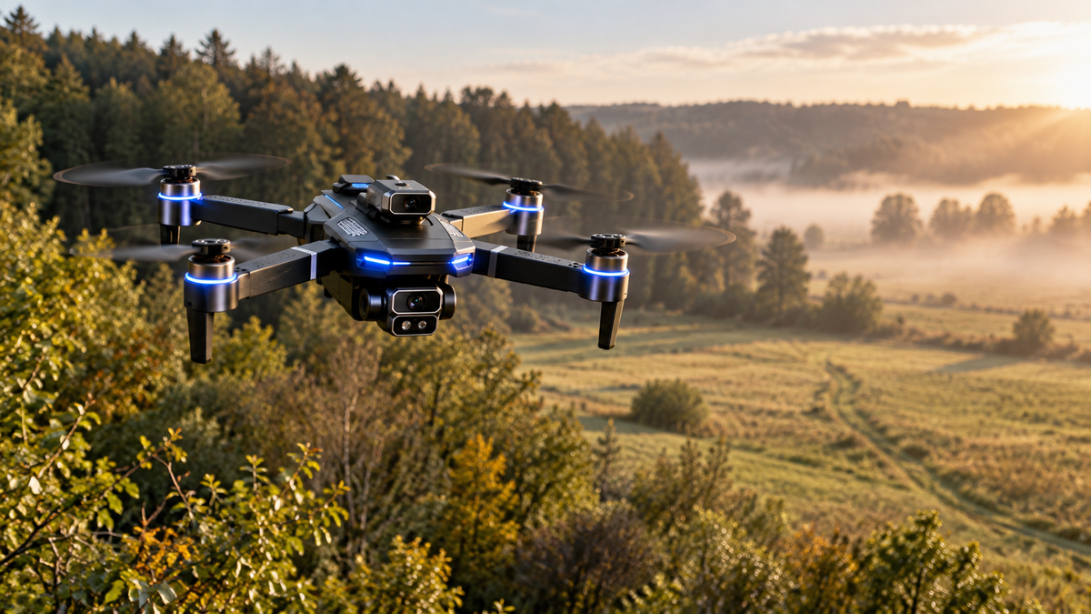 Drone pliable en vol au-dessus d'une prairie et d'une lisière de forêt pour repérer une coulée