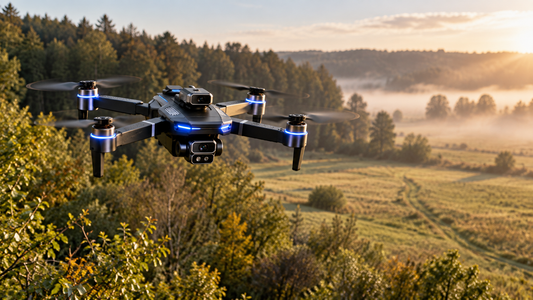 Drone pliable en vol au-dessus d'une prairie et d'une lisière de forêt pour repérer une coulée