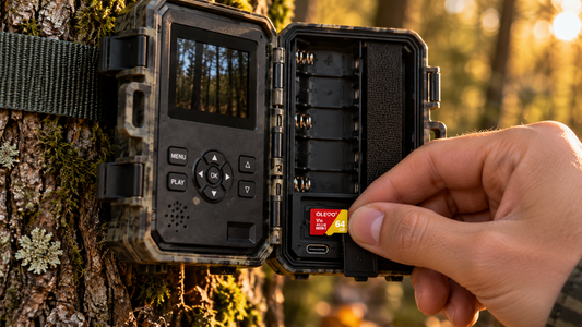 Carte microSD insérée dans une caméra de chasse fixée sur un arbre en forêt