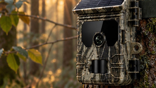 Caméra de chasse solaire 4K fixée sur un arbre en forêt