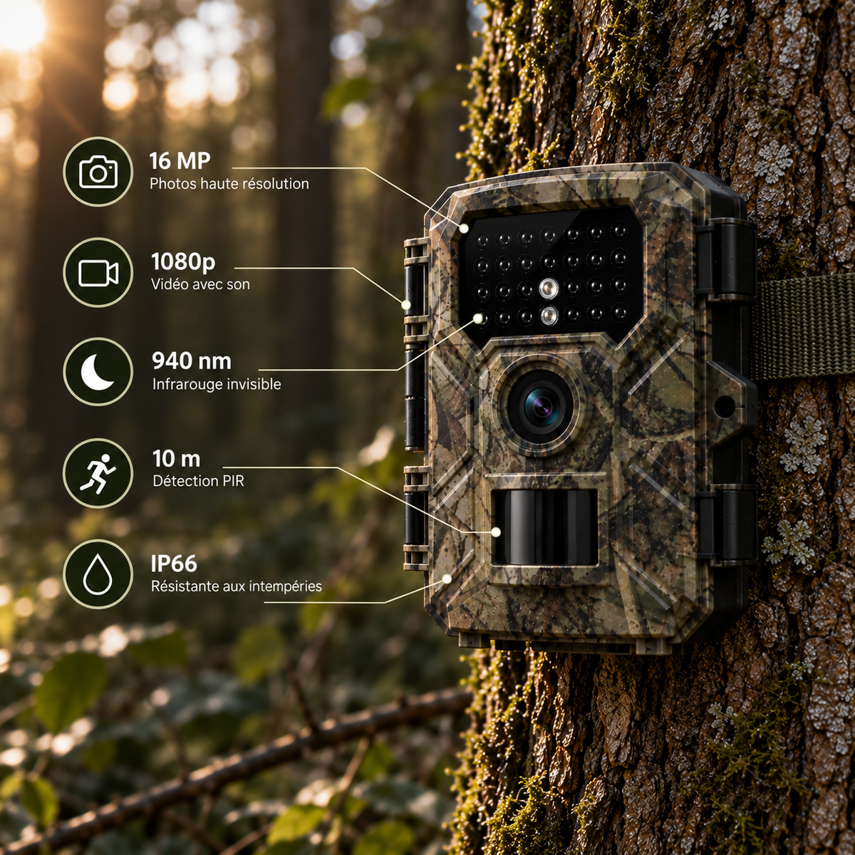 Caméra de chasse 16 MP fixée sur un arbre avec caractéristiques essentielles