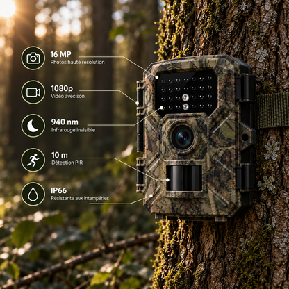 Caméra de chasse 16 MP fixée sur un arbre avec caractéristiques essentielles