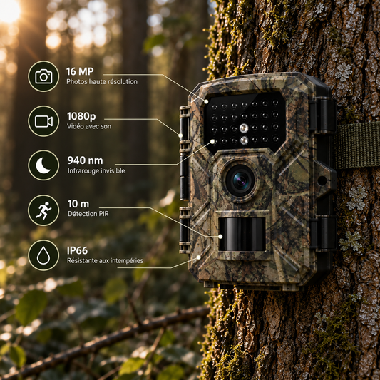 Caméra de chasse 16 MP fixée sur un arbre avec caractéristiques essentielles
