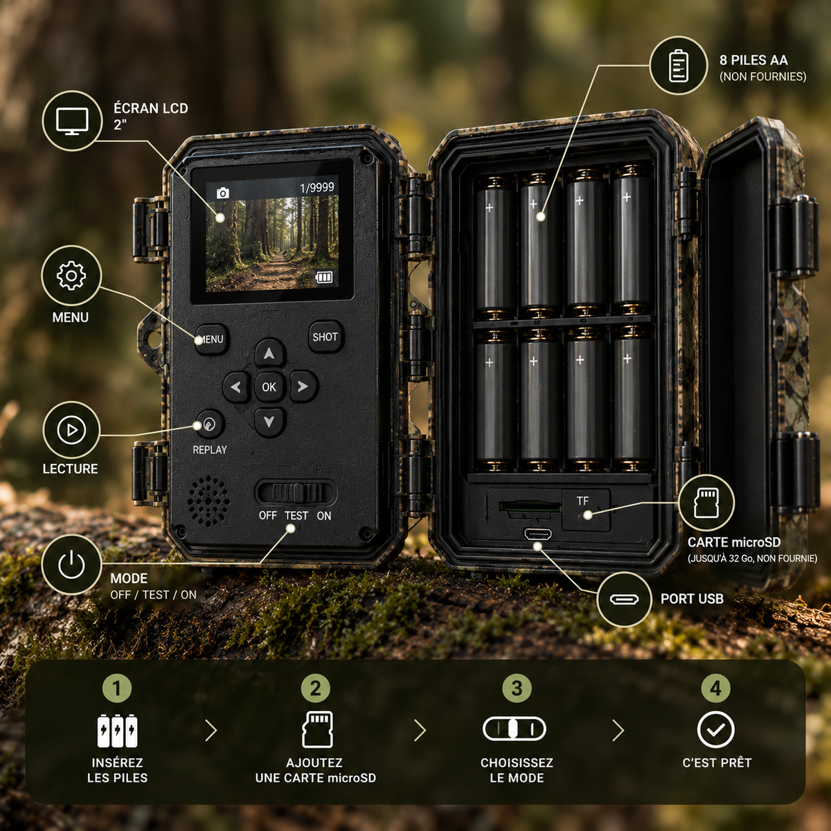 Intérieur de la caméra de chasse 16 MP avec commandes