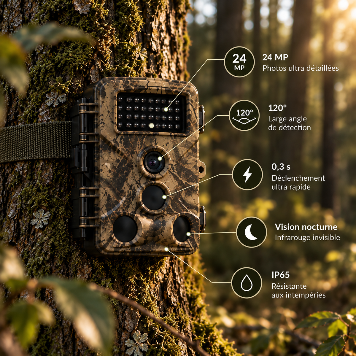 Caméra de chasse 24 MP fixée sur un arbre avec caractéristiques