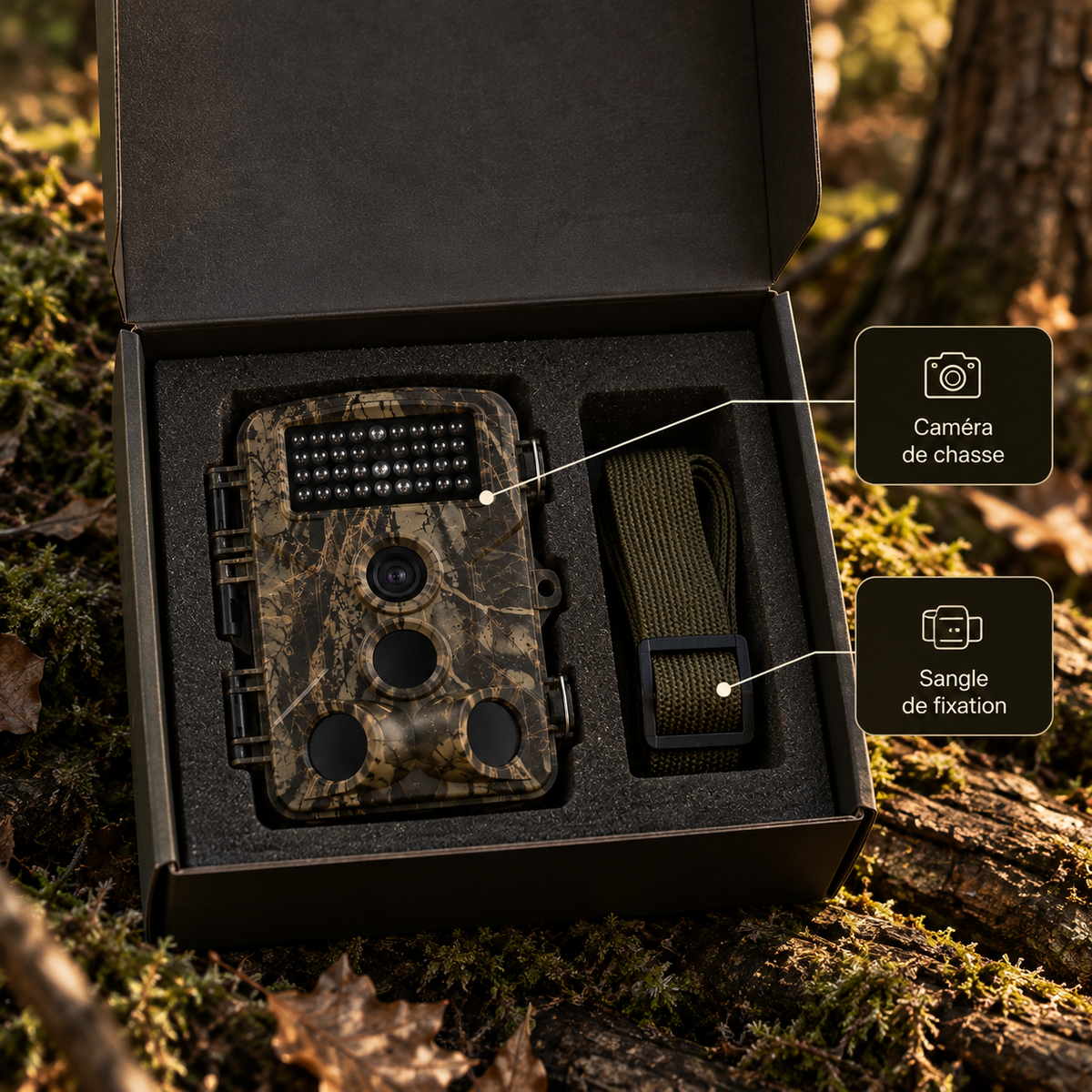 Caméra de chasse 24 MP et sangle de fixation dans son packaging