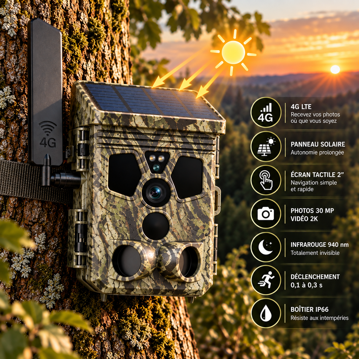 Caméra de chasse 4G 2K avec panneau solaire et caractéristiques