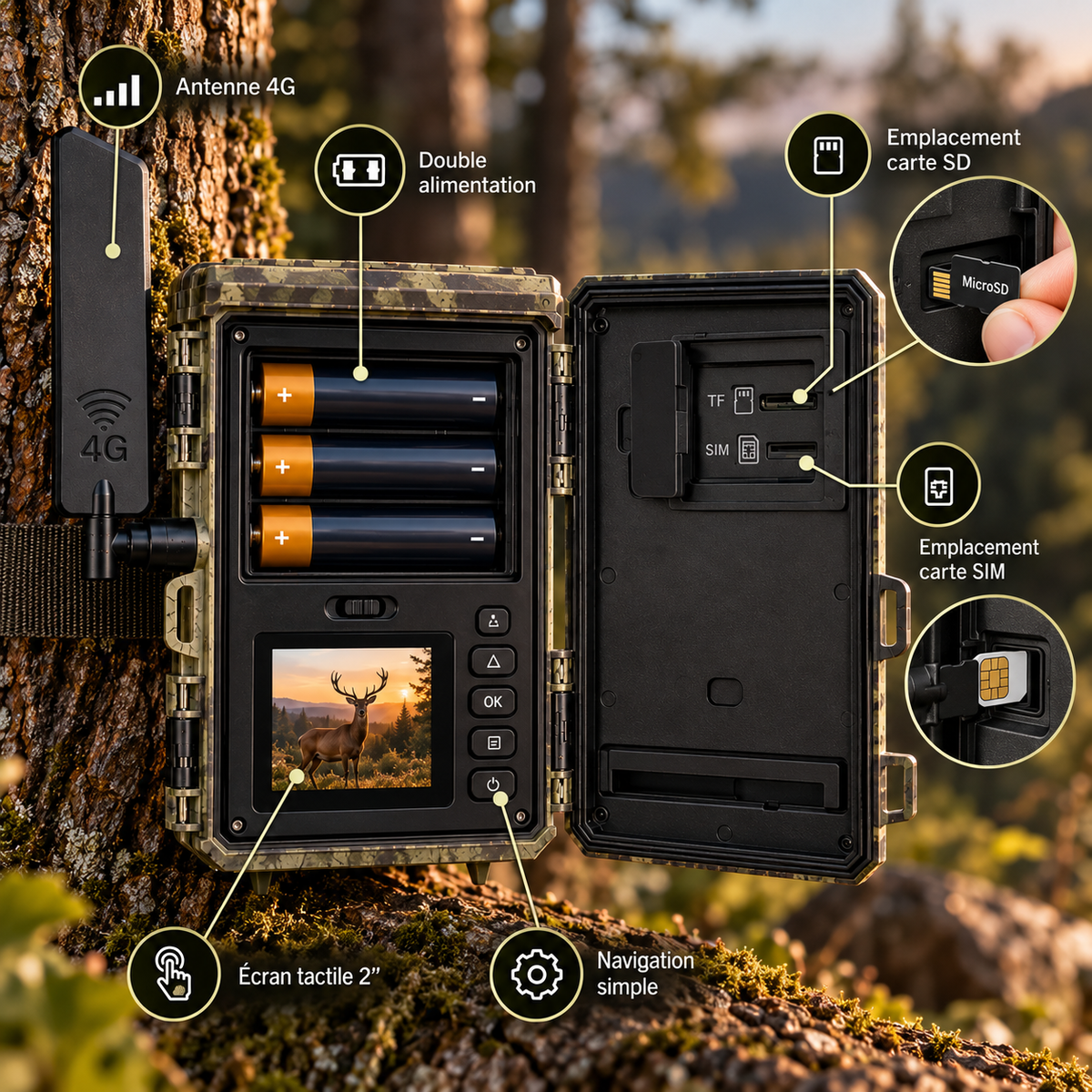 Intérieur de la caméra 4G 2K avec emplacements SD et SIM