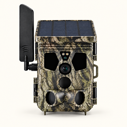 Caméra de Chasse 4G 2K écran tactile et double alimentation sur fond crème