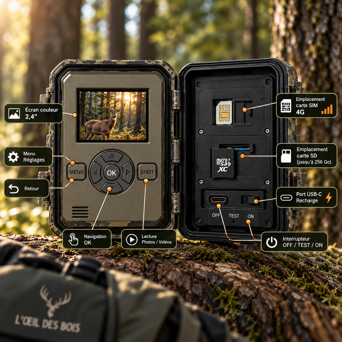 Intérieur de la caméra de chasse 4G 4K et commandes