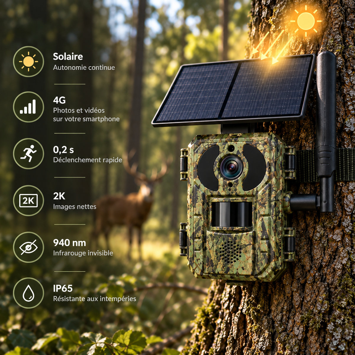 Caméra de chasse 4G solaire 2K avec caractéristiques