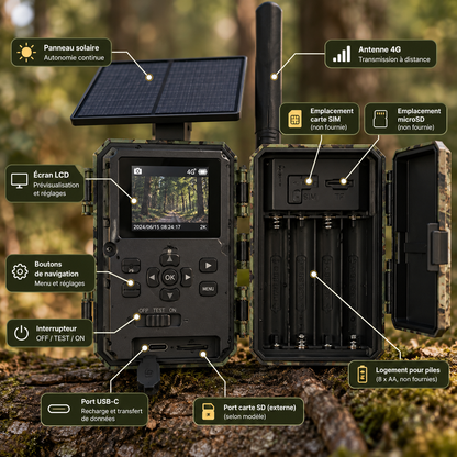 Caméra de chasse 4G solaire 2K ouverte avec écran, boutons et connectique