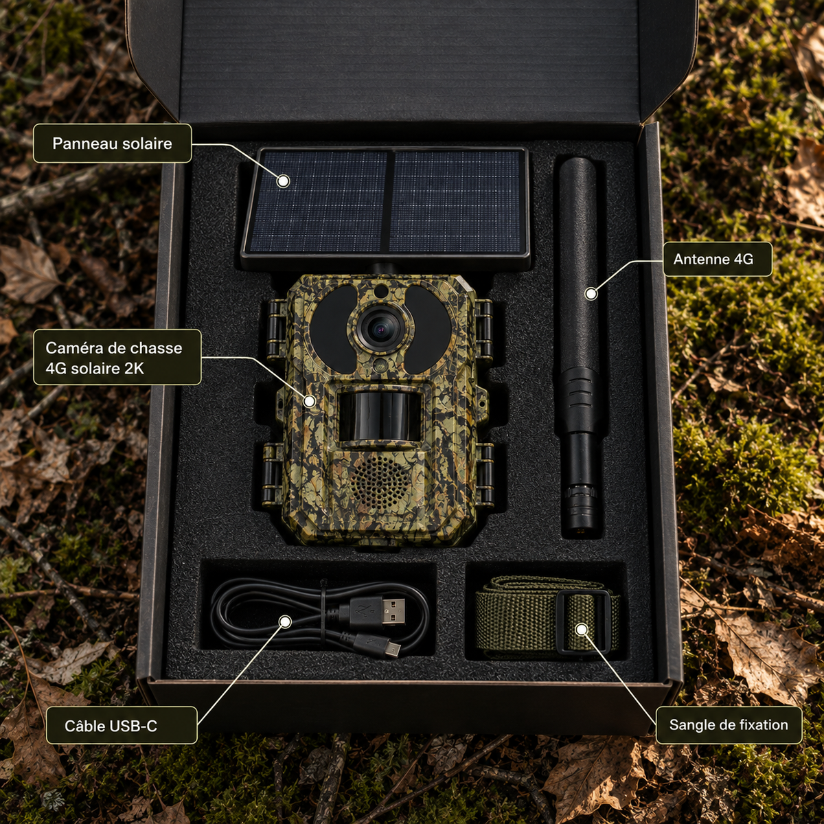 Packaging de la caméra de chasse 4G solaire 2K et accessoires