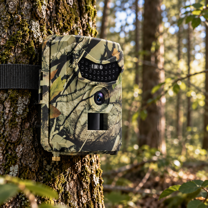 Caméra de chasse 940 nm fixée sur un arbre en forêt
