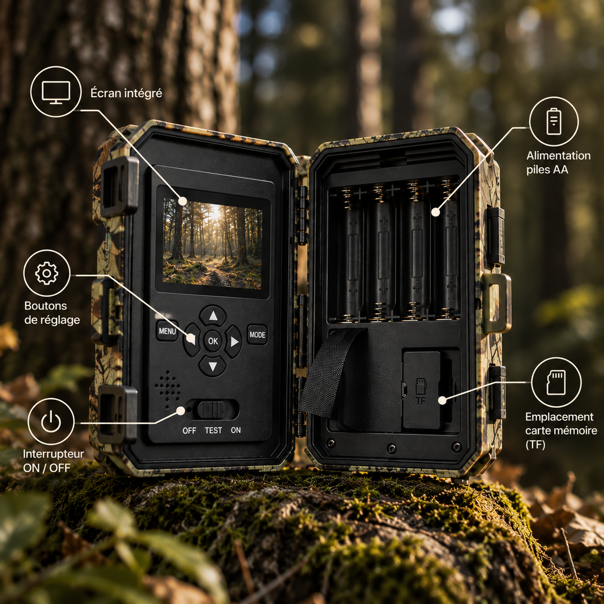 Caméra de chasse 940 nm ouverte avec indications des boutons et fonctions