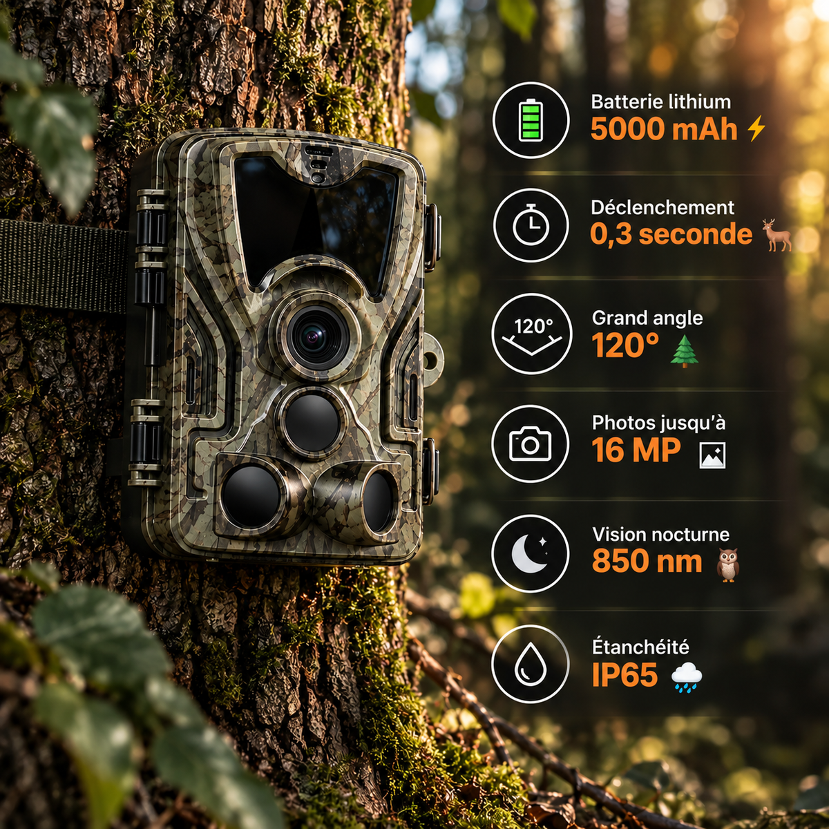 Caméra de chasse rechargeable 5000 mAh fixée sur un arbre avec ses principales caractéristiques