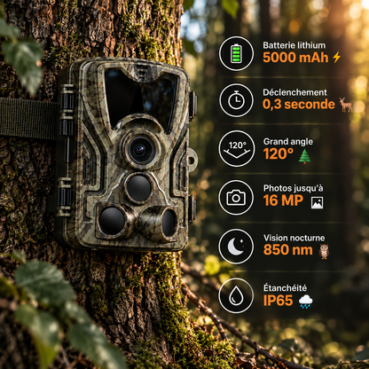 Caméra de chasse rechargeable 5000 mAh fixée sur un arbre avec ses principales caractéristiques