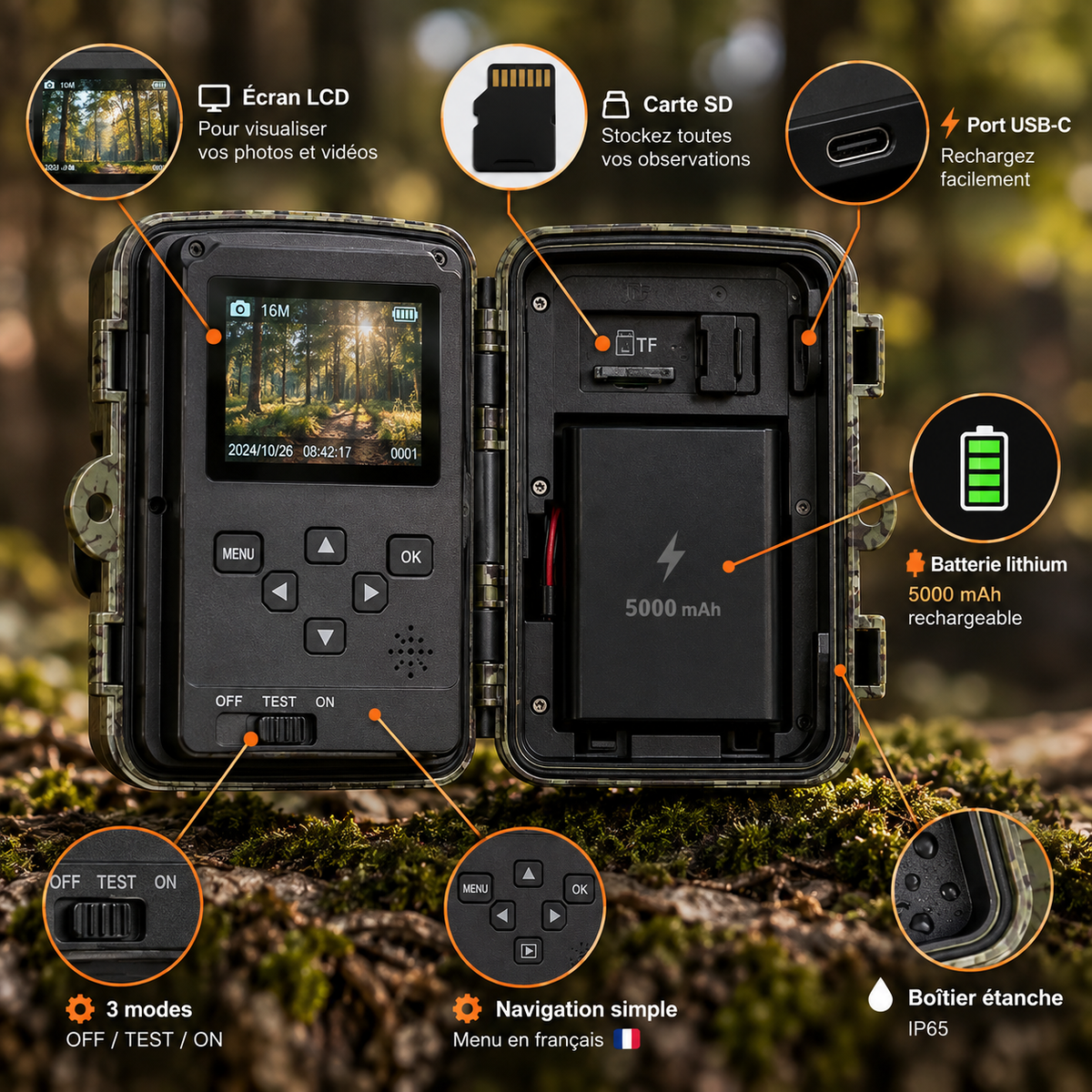 Intérieur de la caméra de chasse rechargeable 5000 mAh et principales fonctionnalités