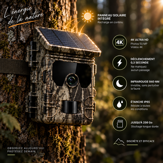 Caméra de chasse solaire 4K fixée sur un arbre avec panneau solaire mis en valeur