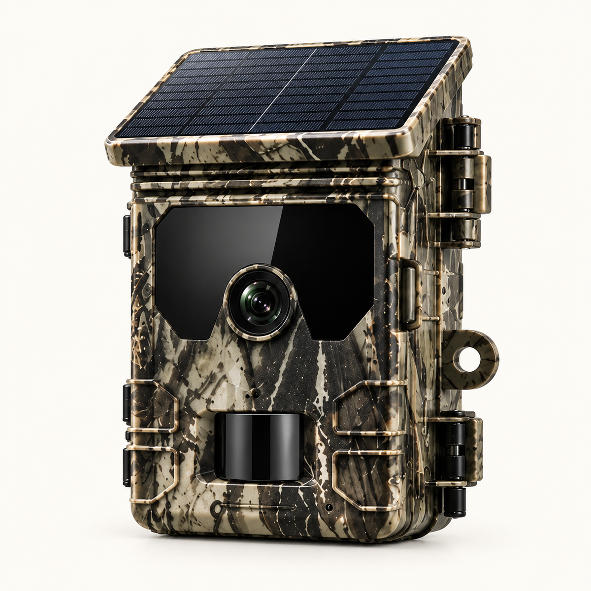 Caméra de chasse solaire 4K sur fond #FCFAF4