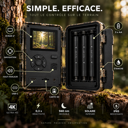 Vue intérieure de la caméra de chasse solaire 4K avec fonctionnalités