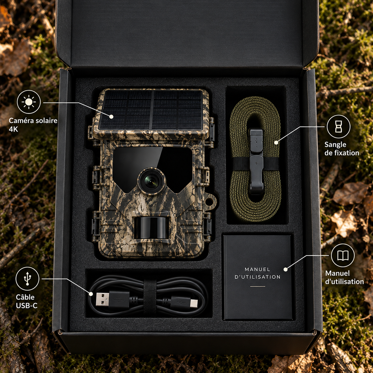 Caméra de chasse solaire 4K dans son packaging avec contenu indiqué