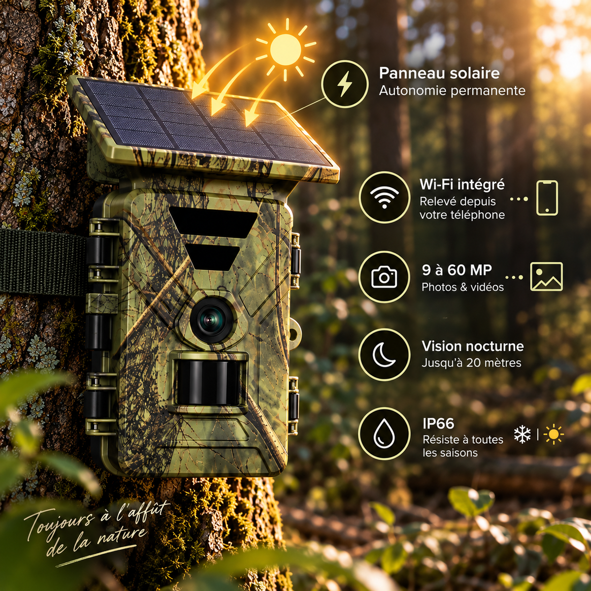 Caméra de chasse solaire Wi-Fi avec panneau solaire et caractéristiques