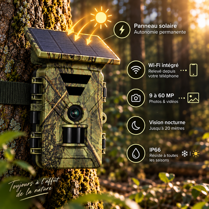Caméra de chasse solaire Wi-Fi avec panneau solaire et caractéristiques