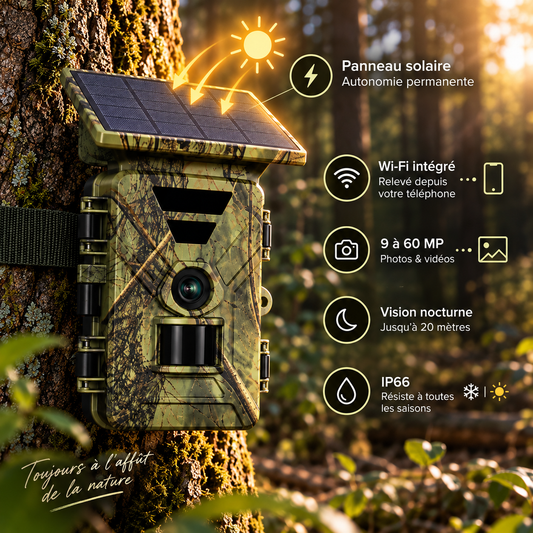 Caméra de chasse solaire Wi-Fi avec panneau solaire et caractéristiques