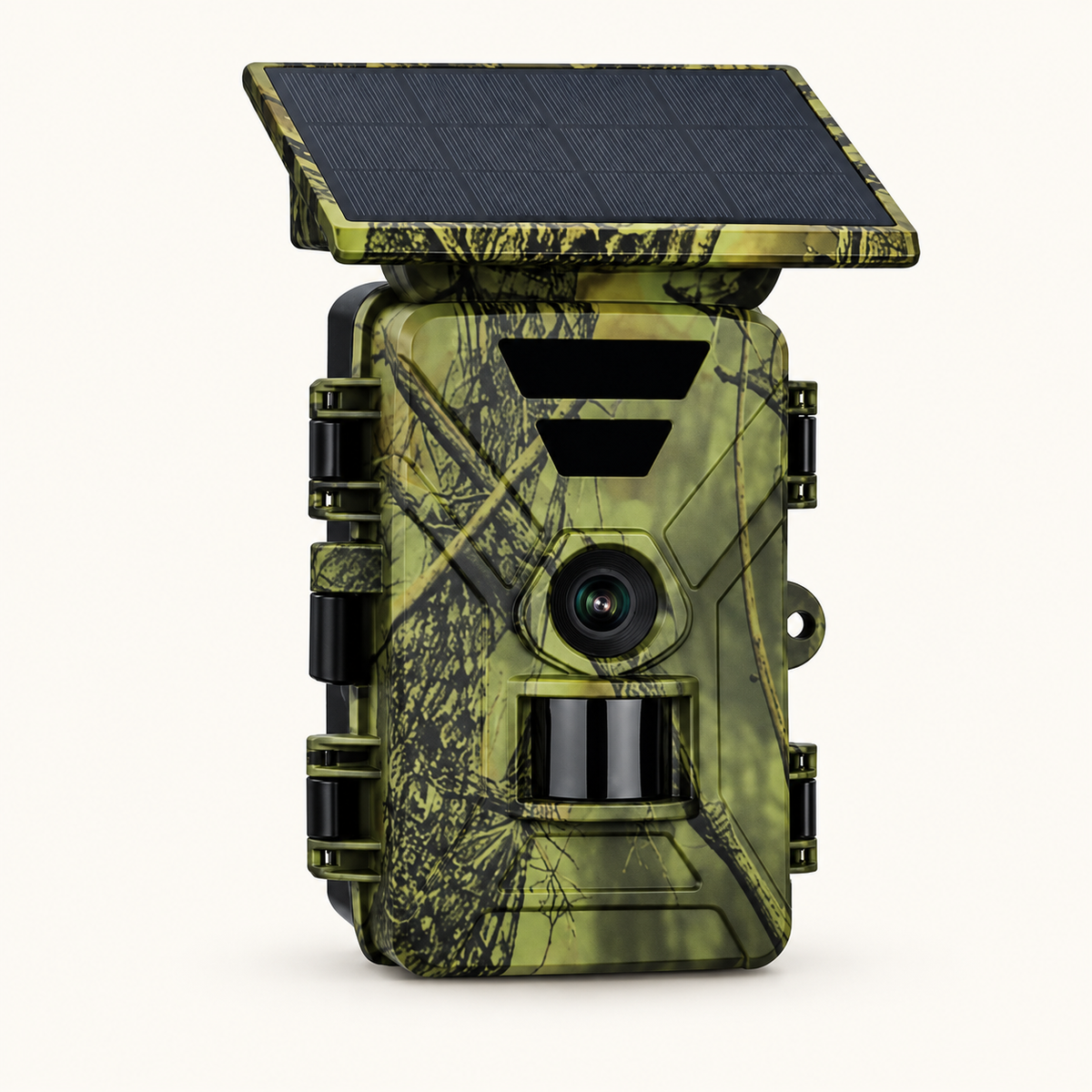 Caméra de chasse solaire Wi-Fi sur fond #FCFAF4, vue de face