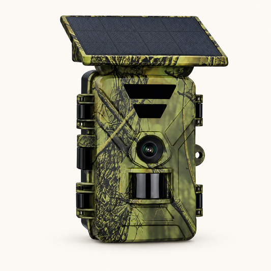 Caméra de chasse solaire Wi-Fi sur fond #FCFAF4, vue de face