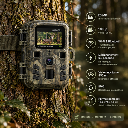 Caméra de chasse Wi-Fi compacte 20 MP fixée sur un arbre avec ses caractéristiques