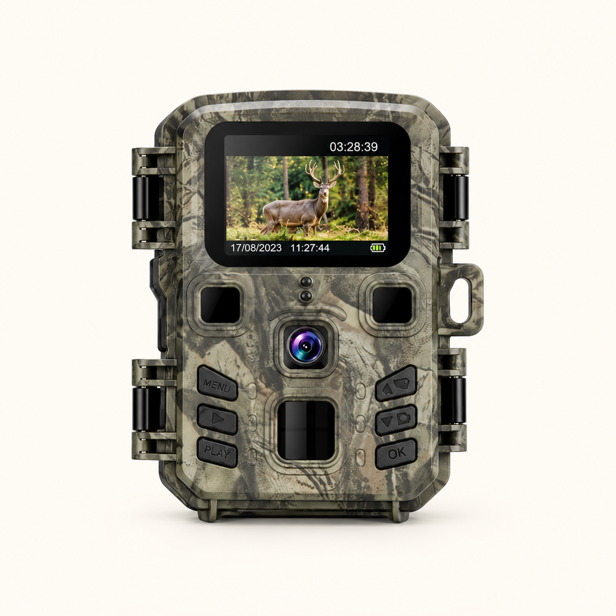 Caméra de chasse Wi-Fi compacte 20 MP sur fond crème
