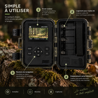 Intérieur de la caméra de chasse Wi-Fi compacte 20 MP avec repères d'utilisation