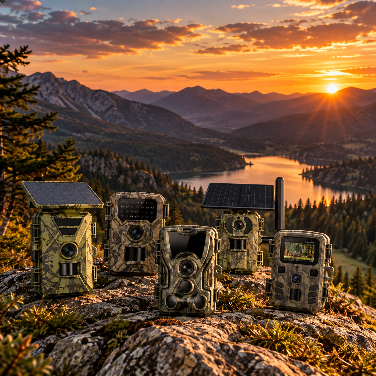 Caméras de chasse sur une roche face à un lac et aux montagnes au coucher du soleil