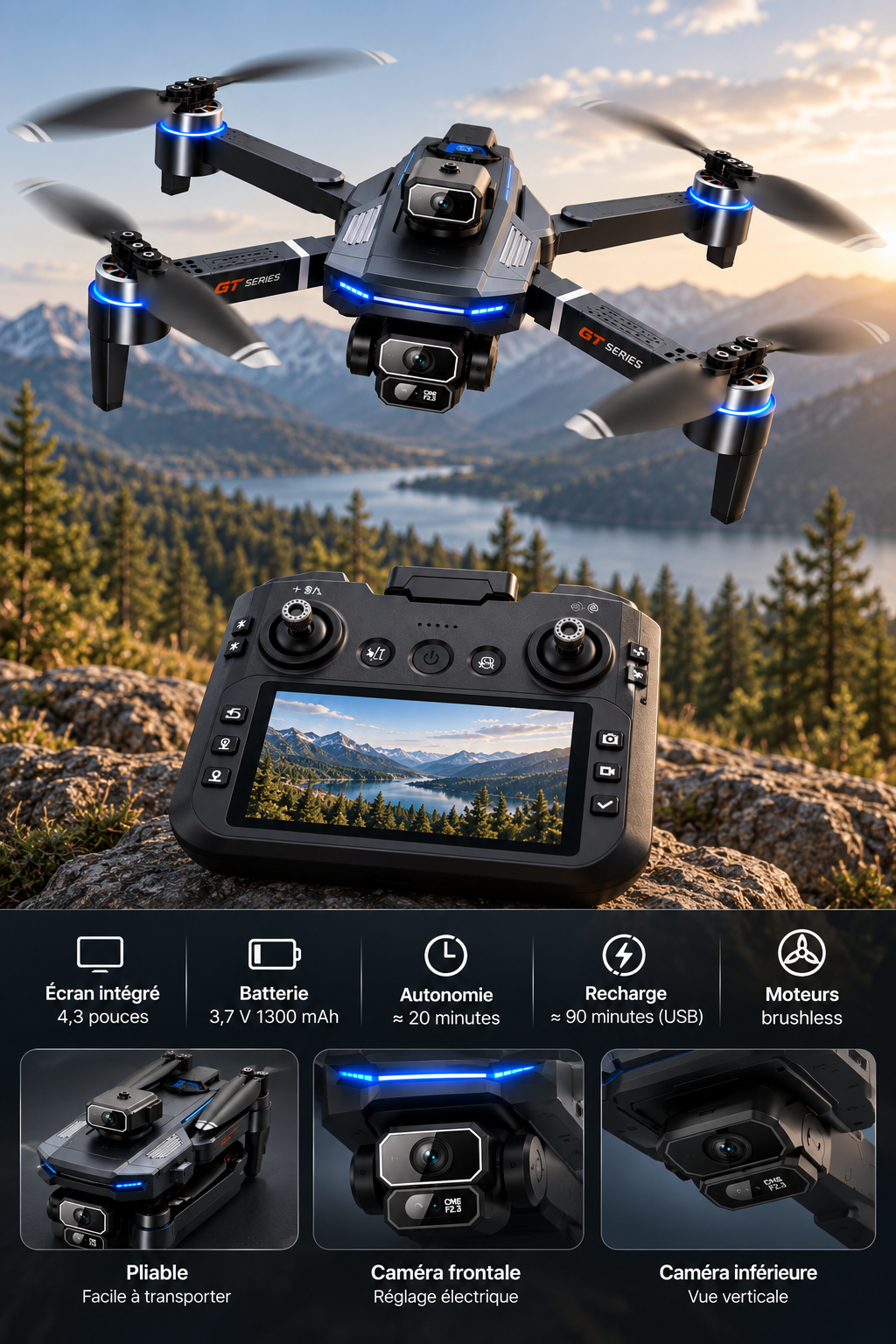 Caractéristiques techniques du drone pliable 177 g