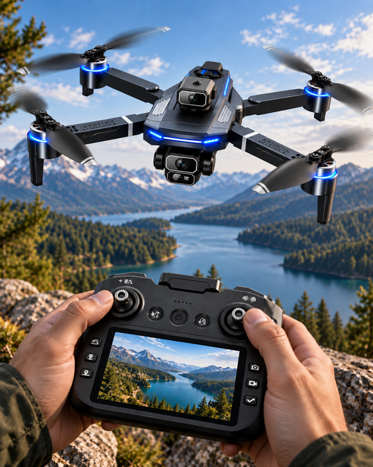 Drone pliable 177 g en vol avec radiocommande dans un décor montagneux