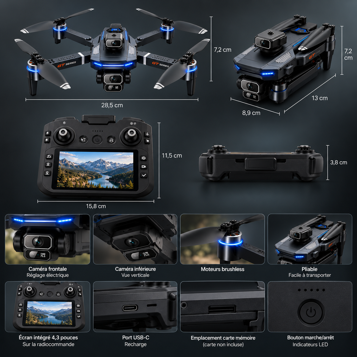 Fiche technique et dimensions du drone pliable 177 g
