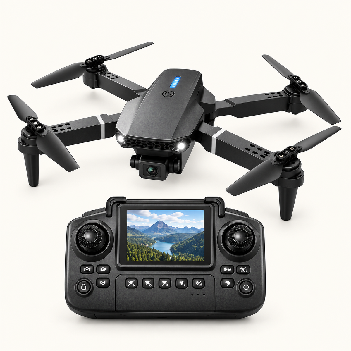 Drone pliable double caméra avec radiocommande sur fond #FCFAF4