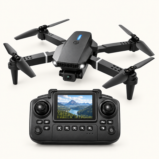Drone pliable double caméra avec radiocommande sur fond #FCFAF4