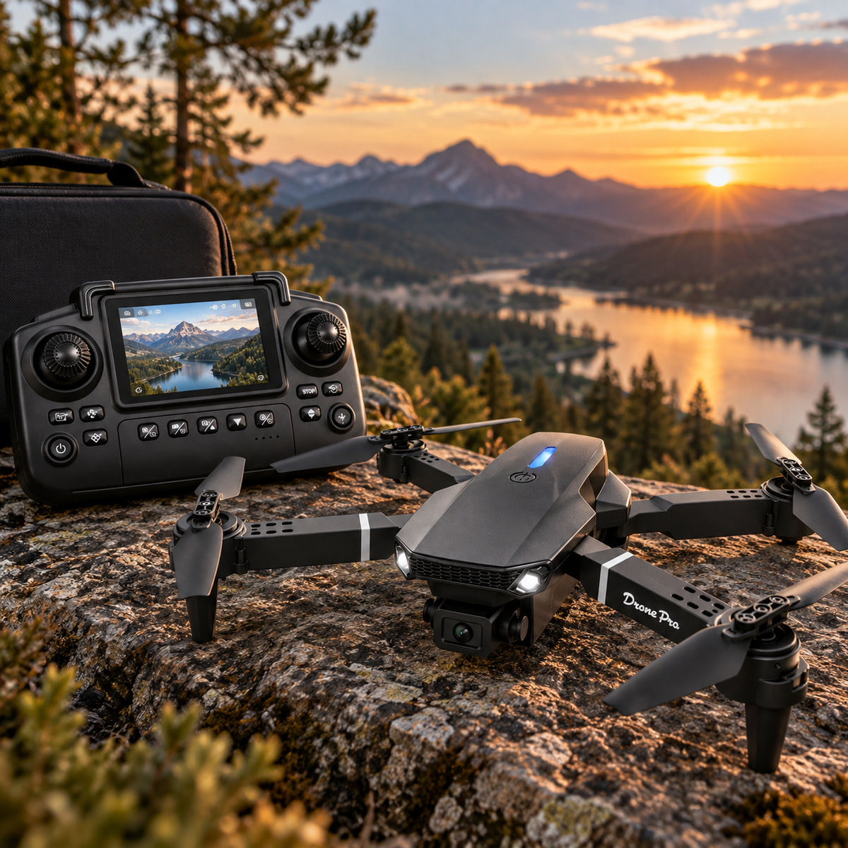 Drone pliable double caméra et radiocommande dans un décor naturel
