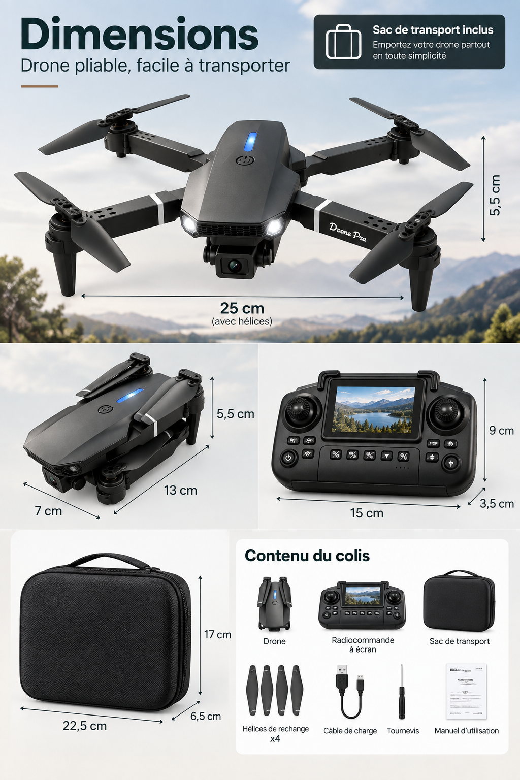Drone pliable double caméra – dimensions et contenu du colis