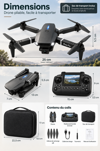 Drone pliable double caméra – dimensions et contenu du colis