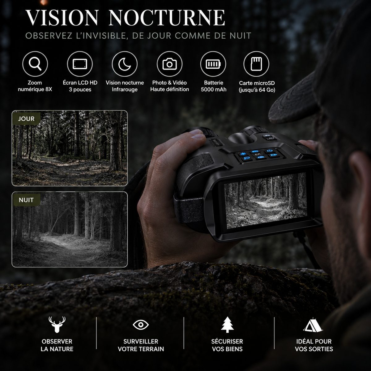 Vision nocturne en forêt avec jumelles infrarouges