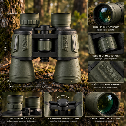 Jumelles vert olive en forêt avec détails techniques