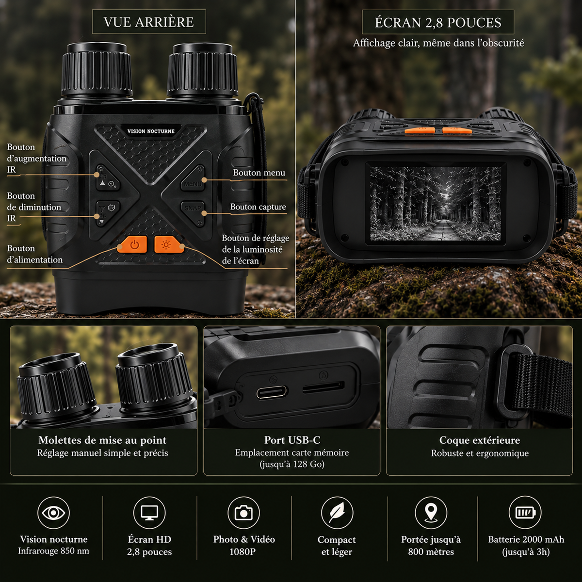 Jumelles de vision nocturne vues avant et arrière avec écran et commandes