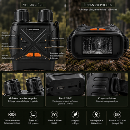 Jumelles de vision nocturne vues avant et arrière avec écran et commandes