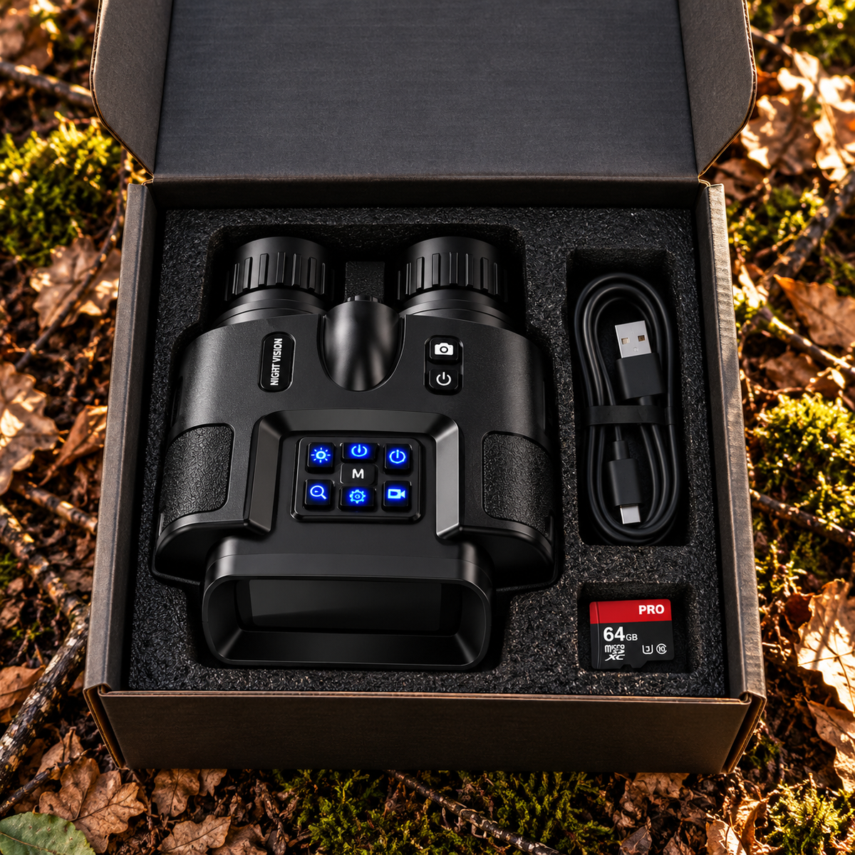 Jumelles de vision nocturne 4K avec câble USB-C et carte microSD 64 Go dans le packaging