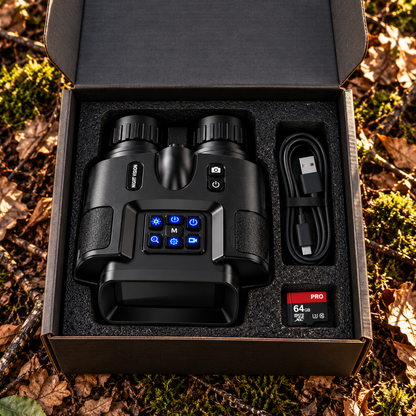 Jumelles de vision nocturne 4K avec câble USB-C et carte microSD 64 Go dans le packaging