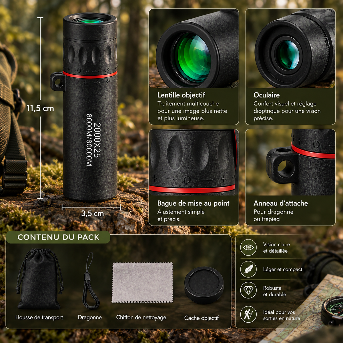 Fiche technique du monoculaire noir en forêt